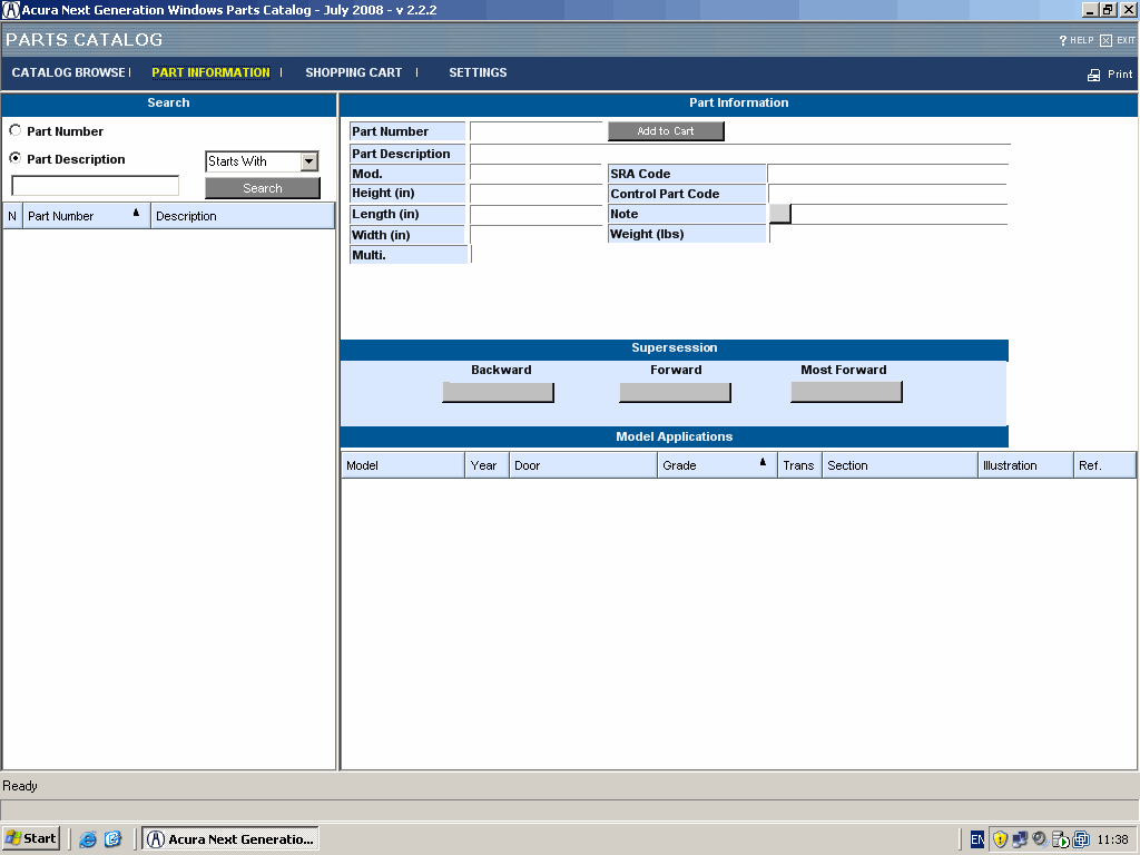 Acura InParts, spare parts catalog for all Acura models with the left