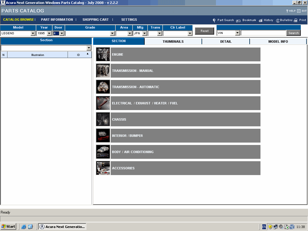 Acura InParts, spare parts catalog for all Acura models with the left