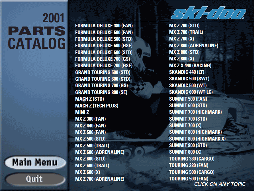 Bombardier SkiDoo 2001, parts, repair, accessories for Ski Doo. Spare